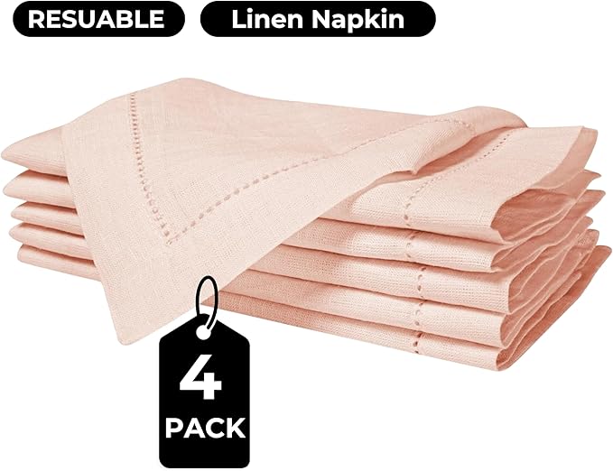 Bedding Craft Linen Napkins Set of 4 Rose Water -100% Linen Size 18"x18" with Retail Gifting Package,Wedding, Dinner Napkins, Fabric, Machine Washable Dinner Hemstitched