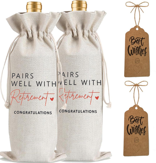 Julont 2Pcs Retirement Gifts for Women Men Farewell Gifts for Friends Retirement Wine Bag with 2Pcs Kraft Blessing Cards and natural jute rope (2 pieces)