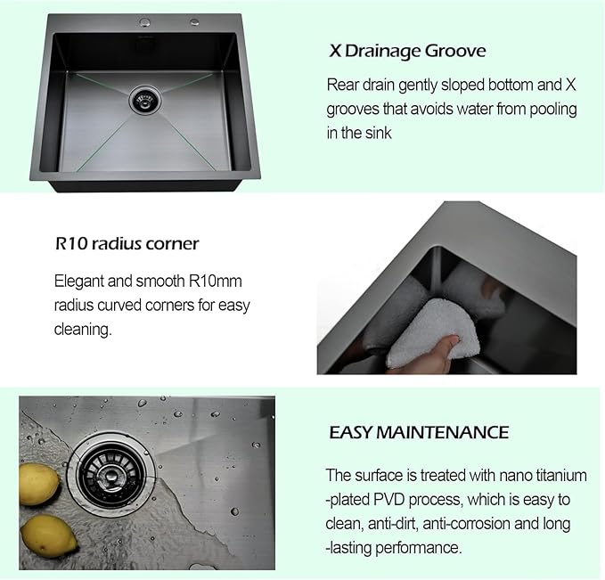 Drop In Kitchen Sink, 25 x 22 Inch Single Bowl Topmount Sink 16 Gauge T-304 Stainless Steel Gunmetal Black Kitchen Sinks