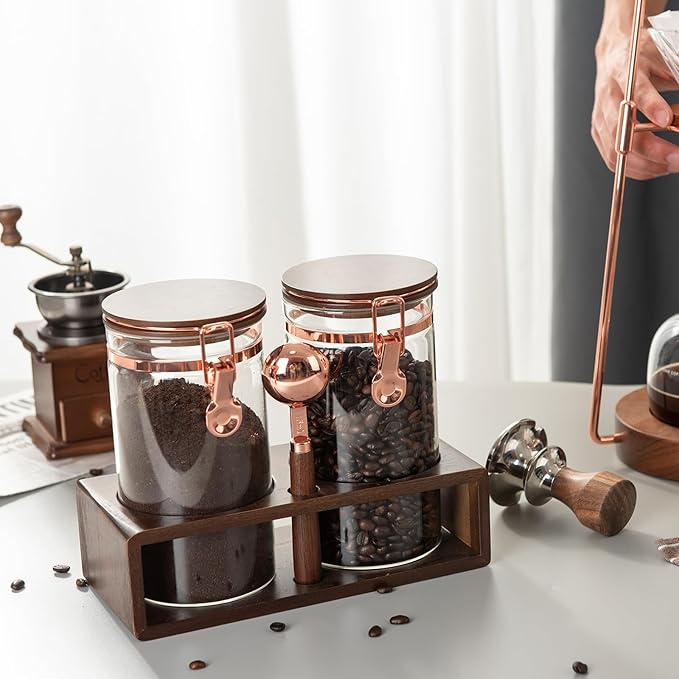 Glass Coffee Canister Set with Shelf and Spoon, Set of 2 Coffee Containers for Storing Ground Coffee Beans, Sealed, Coffee Bar Coffee Filter Holder