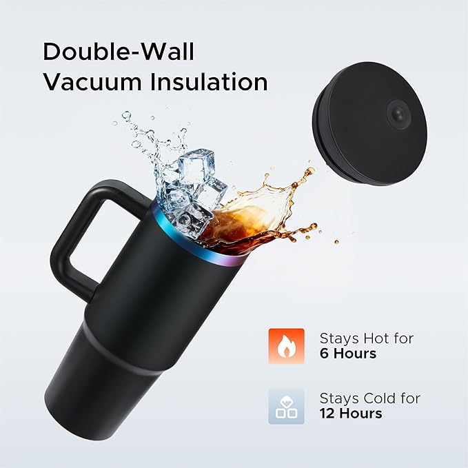 OMTech 40 oz. Tumblers with Handle & Lid, 12 Pack Tumbler Bulk with Double Wall Vacuum Insulation, Food-Grade Stainless Steel Insulated Coffee Mug, Sweatproof Travel Mug for Hot Cold Drinks, Black