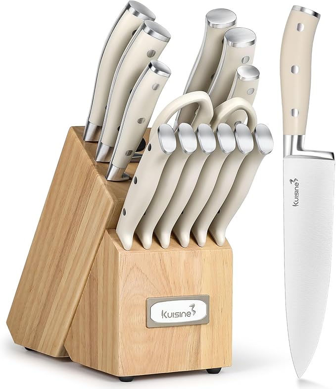 Kuisine Premium Sharp Knife Set,High Carbon Stainless Steel Ergonomic Handle,Knife Block Set with Built-in Sharpener(15PCS,Ivory)