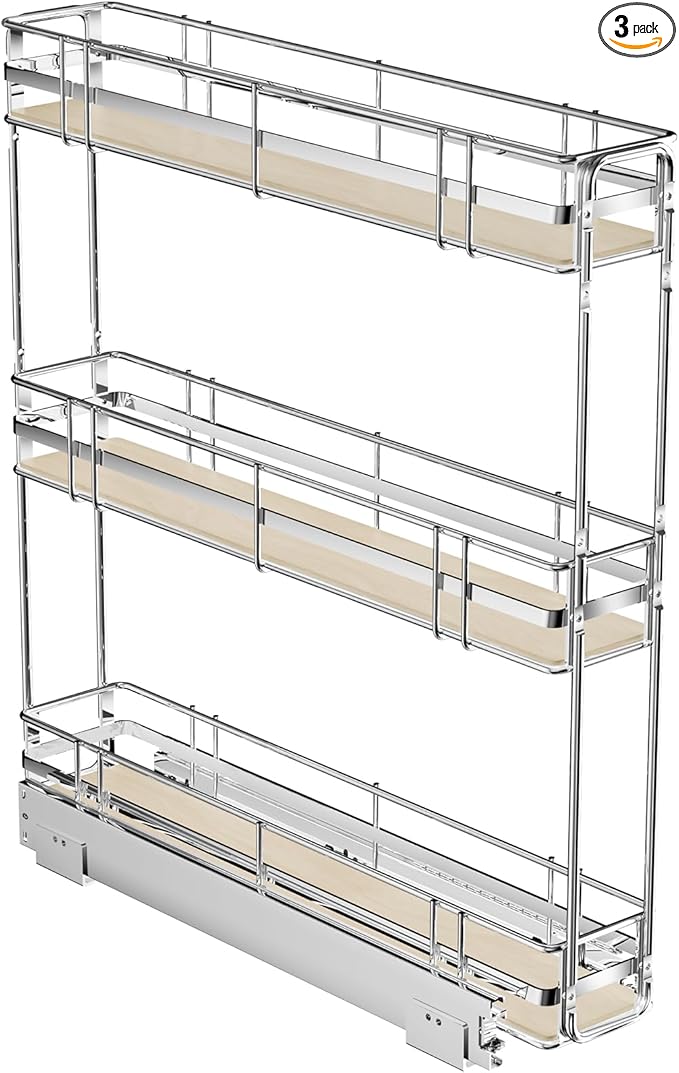 ROOMTEC 3-Tier Pull Out Cabinet Organizer Spice Rack for Narrow Cabinet 5" W x 20½" D, Slide Out Wood Shelves Storage for Kitchen