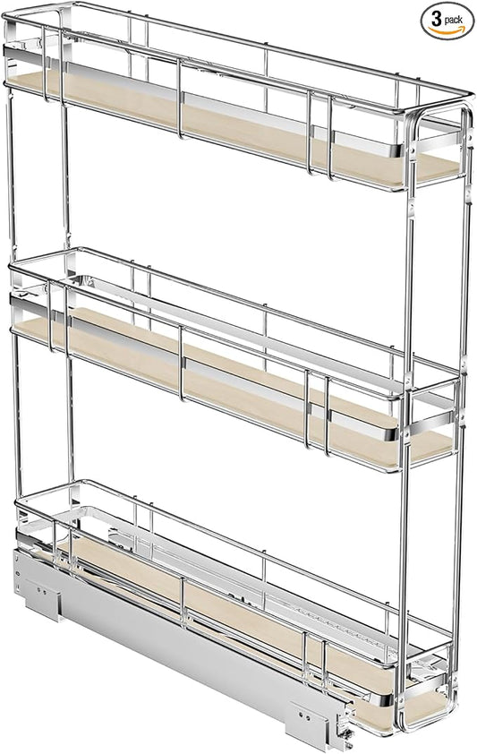 ROOMTEC 3-Tier Pull Out Cabinet Organizer Spice Rack for Narrow Cabinet 5" W x 20½" D, Slide Out Wood Shelves Storage for Kitchen