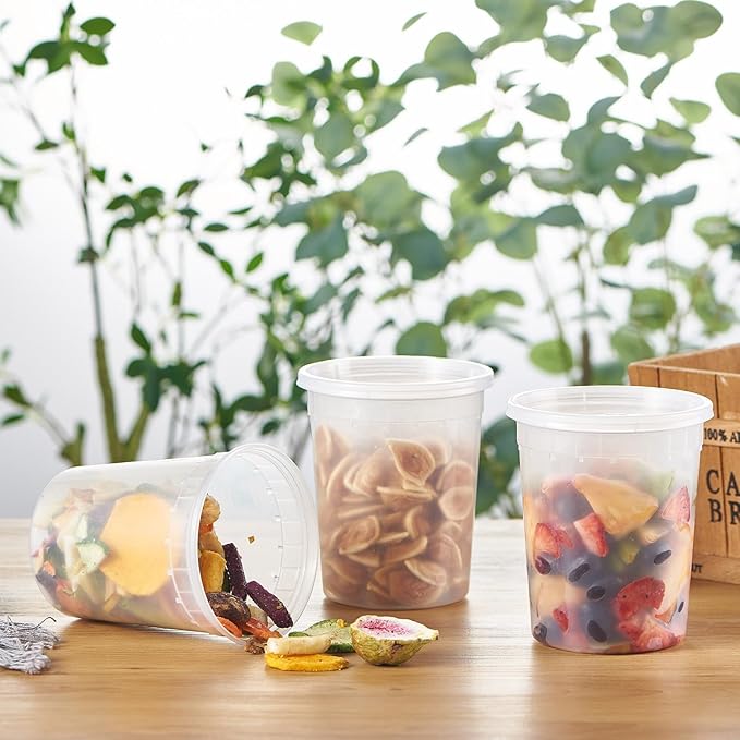 32oz Plastic Deli Containers, 240 Sets - Leakproof, Stackable, BPA Free, Microwavable, Freezer Safe