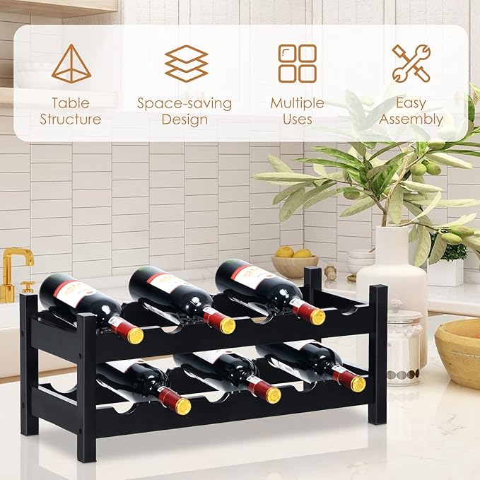 COSTWAY Wine Rack, Bamboo 12 Bottles 2-Tier Wine Display Rack for Countertop Home Kitchen Pantry, Free Standing Wine Storage, Rack Tabletop Wine Rack (Brown)