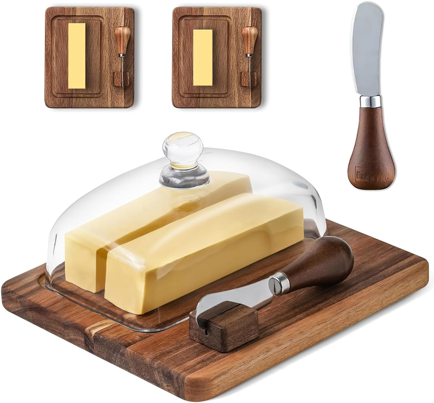 Large Glass bamboo Butter Dish with knife,Large Butter Dish for Countertop,Thick Sealed Glass Lid,Butter Dishes with Lid for West/East Coast Butter,Kitchen Decor and Gifts,Dishwasher Cleanable