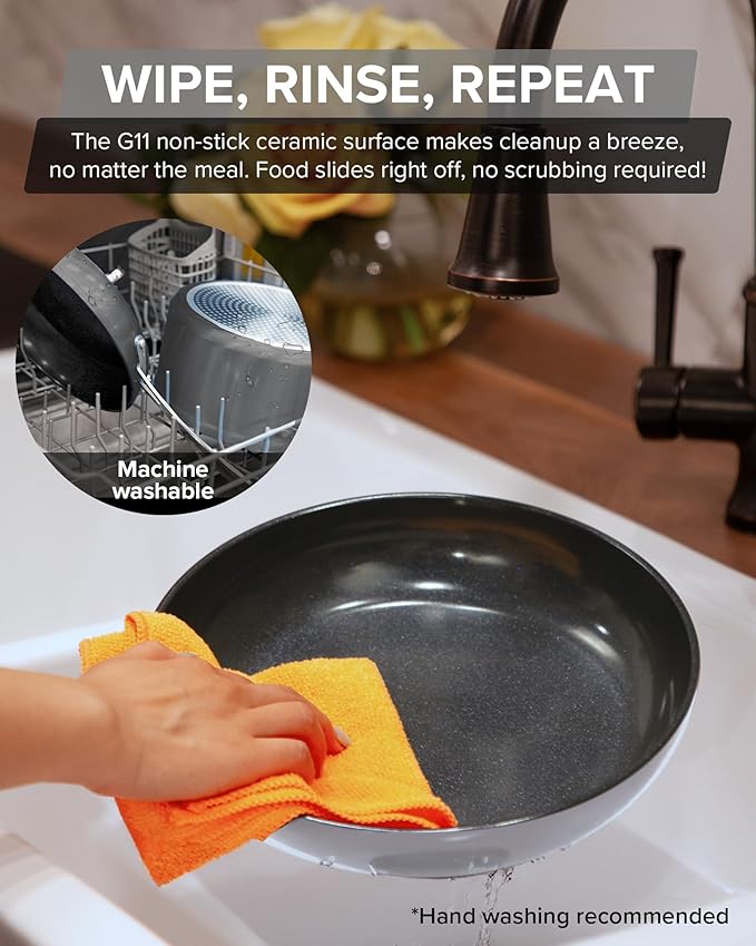 Nuwave Healthy G11-Pots and Pans Set Non Stick, 9H Near-Diamond Hardness Scratch-Resistant, Works on All Stovetops, PFAS Free, with Frying Pans, Saucepans & Glass Lids, Stay-Cool Handles, Cool Gray