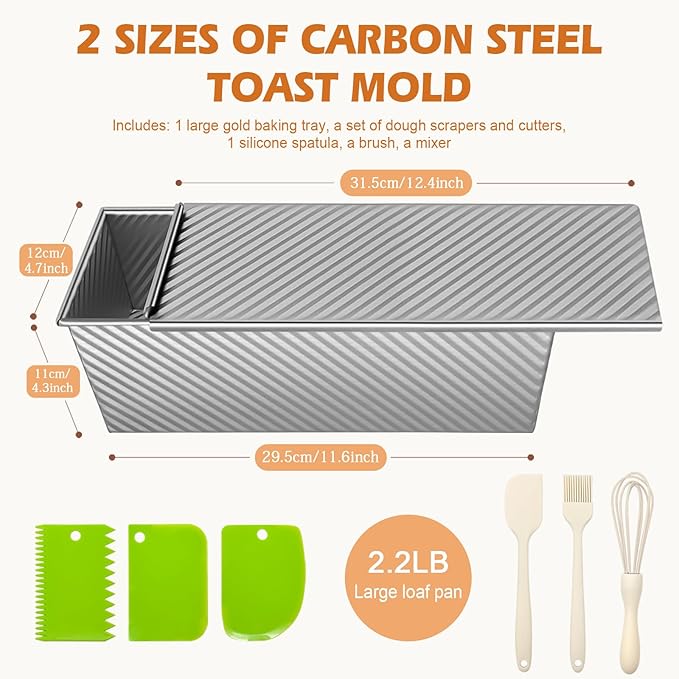2.2lb Pullman Loaf Pan with Lid, Nonstick Carbon Steel Square Bread Pan for Baking Shokupan, Sandwich, Pain de Mie & Sourdough – Includes 6 Bonus Tools
