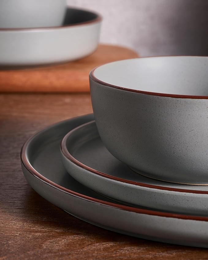 Famiware Mercury 24 Pieces Dinnerware Sets, Plates and Bowls Sets for 8, Microwave and Dishwasher Safe Dish Set, Dark Grey