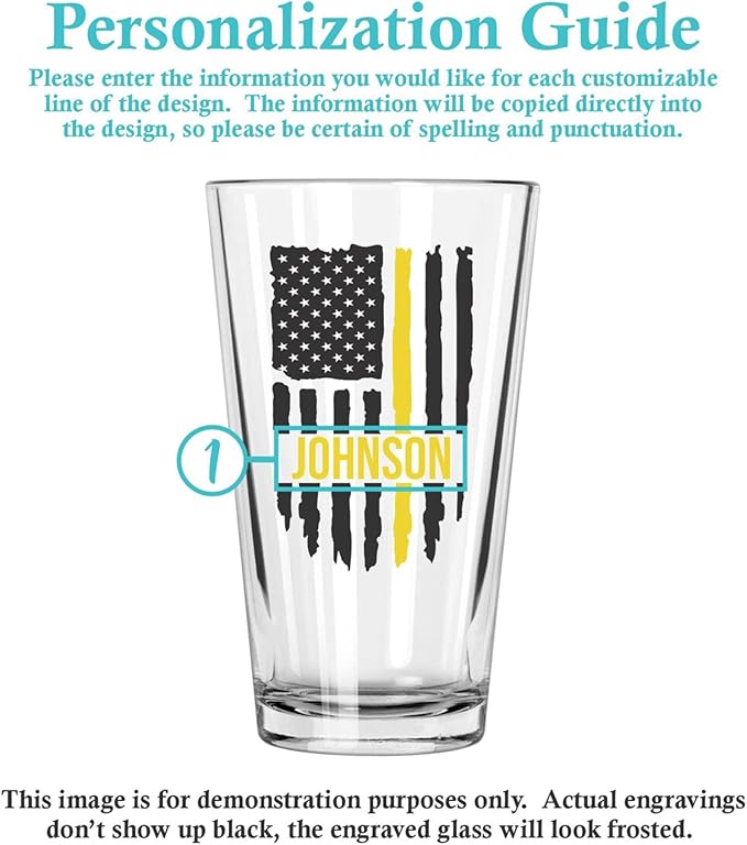 Blue Ridge Mountain Gifts - Thin Yellow Line Pint Glass - Personalized Dispatch Glass, 911 Dispatch Appreciation, Yellow Line Merch, First Responders Gift, Custom Barware, Thin Gold Line American Flag