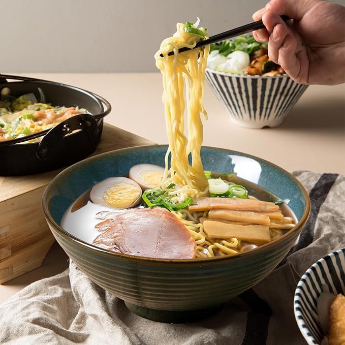 NUTRIUPS 8 Inch Ceramic Ramen Bowl Set of 2 Pho Bowls 40oz Japanese Noodle Udon Soup Bowls with Spoons and Chopsticks (Deep Ocean Green)