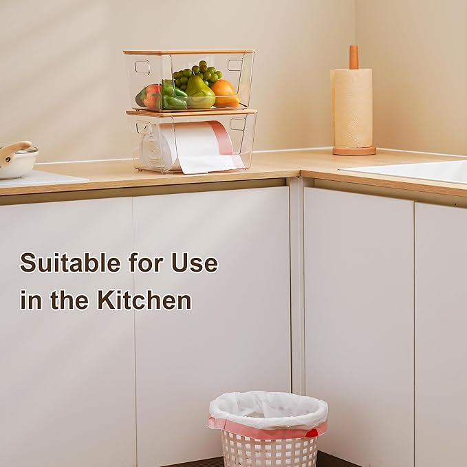 Citylife Stackable Storage with Bamboo Tops and Handles, Laundry Room Organization and Storage for Home, Kitchen, Under-Sink Garbage Bag Dispenser