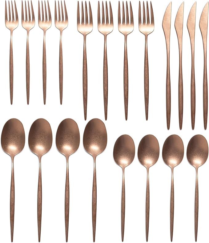 Luxury Vintage Flatware 20-Piece Set – Service for 4, Premium Stainless Steel with Weighted Handles, Aged Heirloom Finish, Dishwasher Safe, Elegant and Modern Cutlery (Vintage Copper)