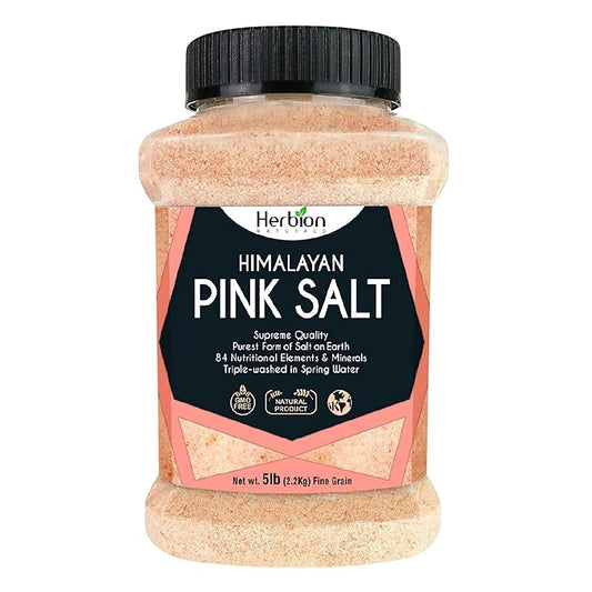 HERBION Naturals Himalayan Pink Salt Jar Fine Grain, GMO Free, Supreme Quality Chemical Free, Vegan, Kosher Certified, Fine Grain All Natural Salt, Triple Washed in Spring Water, 5 lbs