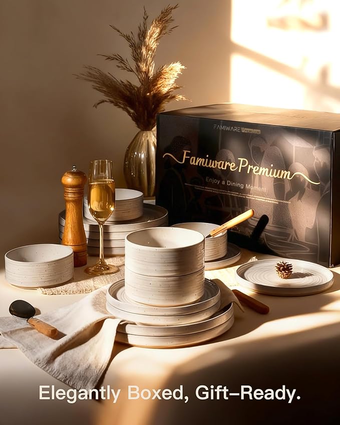 Stoneware Dinnerware Sets, Dish Set for 6, 18 Pieces Spiral Dishware Set with Straight Rim, Speckles & Reactive Glaze - Microwave and Dishwasher Safe Tableware, Shell Beige