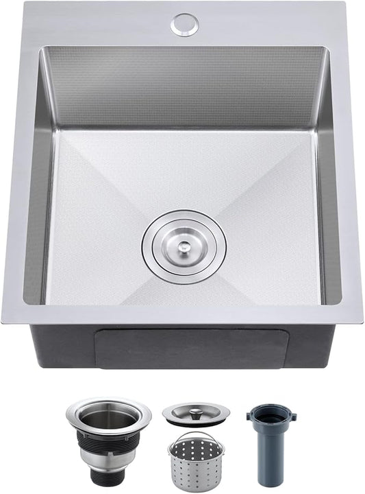 ROVOGO 17"x19"x8" Kitchen Bar Sink 304 Stainless Steel, Drop-In Single Bowl with Anti-Scratch Honeycomb Surface, 1 Faucet Hole, Top Mount Wet Bar Sink, Brushed Finish