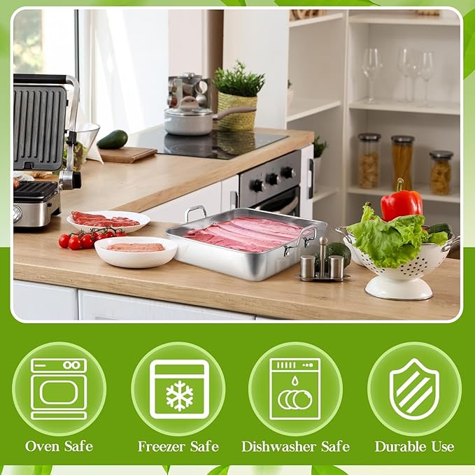 2 Pcs 8" x 8" Square Baking Pan Stainless Steel Cake Pan with Handles Nonstick Brownie Bakeware for Cakes Breads Casseroles Vegetables Dishwasher Safe Birthday Wedding Party