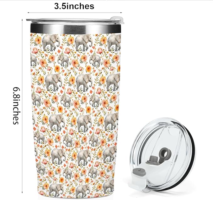 Cute Elephants Tumbler, Elephant Decor 20 oz Stainless Steel Coffee Mug，Travel Cup，Insulated Cup with Lid for Car, Elephant Gifts for Women Girls Animal Lovers Birthday Christmas Thanksgiving
