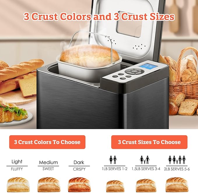 KBS 2LB Bread Maker, 19-in-1 Automatic Bread Machine Stainless Steel with Ceramic Pan,15H Timer&1H Keep Warm, Sourdough, Gluten-Free, 650W Bread Maker Machine with 3 Loaf Sizes 3 Crust Colors, Recipes