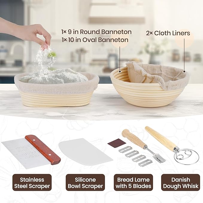 Banneton Bread Proofing Baskets Set 9 Inch Round &10 Oval sour dough starter kit sourdough proofing basket sourdough bread baking kit banneton bread proofing basket Gift Set