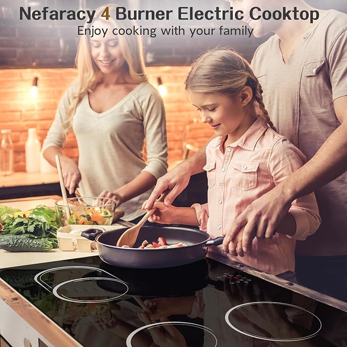 30 Inch Electric Cooktop with 4 Burner, 6400W Electric Stove top with Touch Control, Built-in Ceramic Cooktop, Pause, Safety Lock, Extended Zone & Timer, 220V Hard Wire, Nefaracy