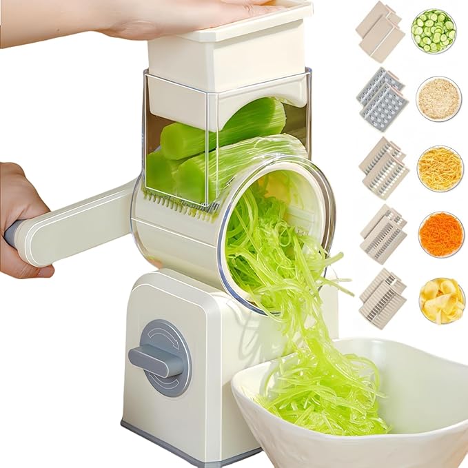 Rotary Cheese Grater with Handle,Replaceable Stainless Blades Cheese Shredder,Multi-Functional Cheese Vegetable Slicer with Storage Box,Easy to Clean Kitchen Gadgets with Storage Box (Beige, 5 Blades)