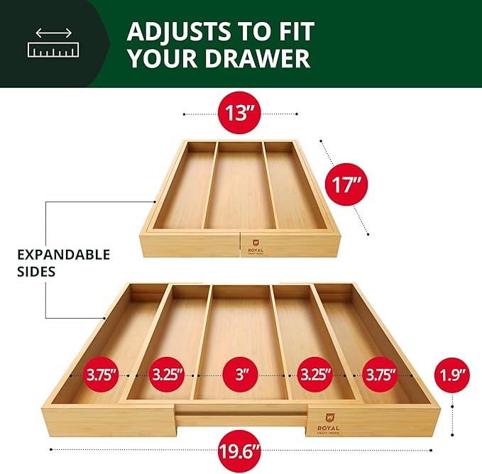 ROYAL CRAFT WOOD Luxury Bamboo Kitchen Drawer Organizer - Silverware Organizer - Utensil Holder and Cutlery Tray with Grooved Drawer Dividers for Flatware and Kitchen Utensils (5 Slot, Natural)