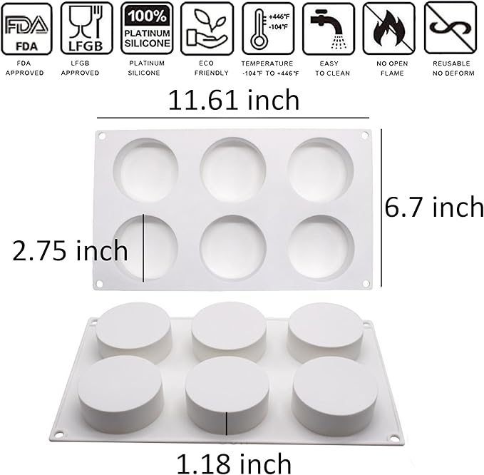 OCPO KITCHEN Cylinder Silicone Molds for Baking Mousse Cake, 3D Silicone Baking Mold for Candy Pastry Chocolate Truffle Cupcake Jelly Cookie Pudding Cake Decoration Mold, Flat Cylinder (6-Cavity)