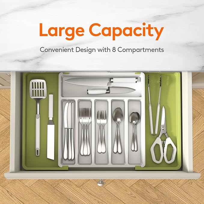 Lifewit Silverware Drawer Organizer, Expandable Utensil Tray for Kitchen, BPA Free Flatware and Cutlery Holder, Adjustable Plastic Storage for Spoons Forks Knives, Large, Green&White