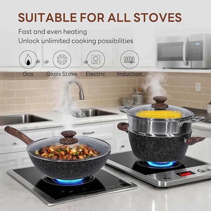 Sweetcrispy 17 Pcs Nonstick Pots and Pans, Non-toxic Kitchen Cooking Set with Stay-Cool Handles, Black