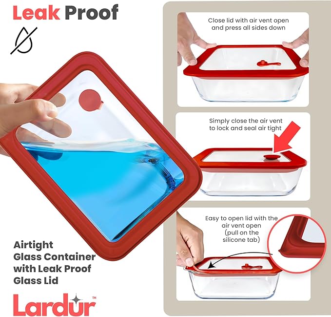 Glass Food Storage Containers with Glass Lids 3 Pack - Rectangle Meal Prep Food Container Set with Airtight Lids - Microwave & Dishwasher Safe 100% Plastic Free, Vented Gift Packaged, Red Color