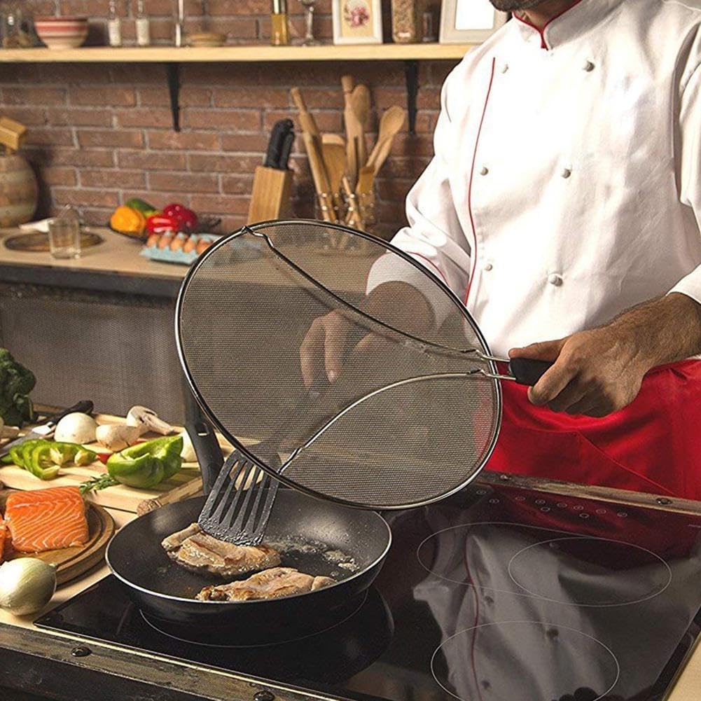 Grease Splatter Screen for Frying Pan 13 inch - Stops 99% of Hot Oil Splash - Protects Skin from Burns - Splatter Guard for Cooking - Iron Skillet Lid Keeps Kitchen Clean, includes Silicone Spatula