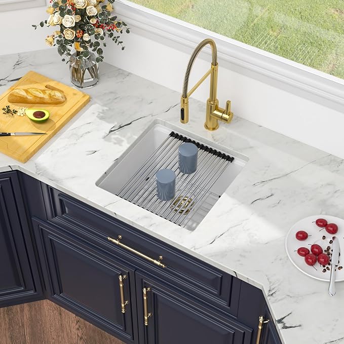 Kichae 18 Inch Undermount Bar Sink - 18 x 18 White Composite Granite Quartz Sink Undermount Wet Bar Prep Single Bowl Workstation Small Kitchen Sinks with Cutting Board