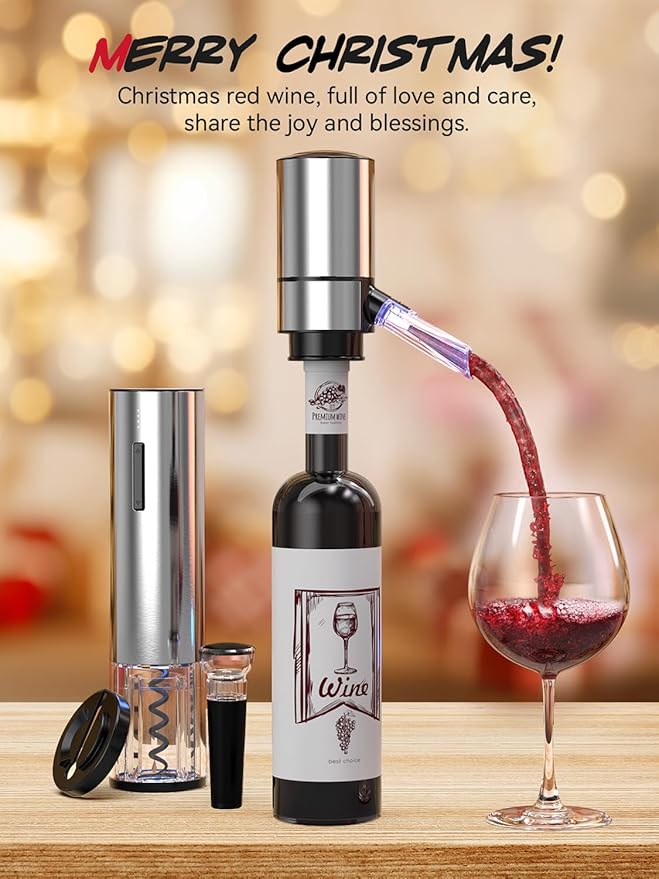 Rechargeable Electric Wine Gift Set - Aerator, Vacuum Stoppers, Foil Cutter and Bottle Opener for Home Bar and Outdoor Parties (Silver)