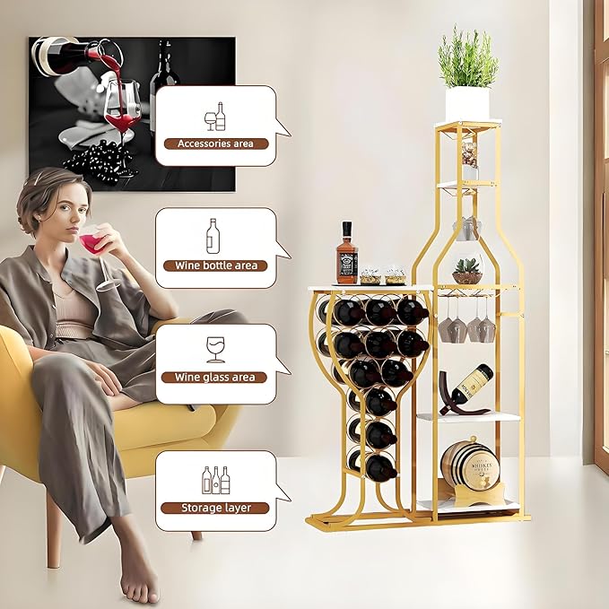 5-Tier Wine Rack Freestanding Floor, 11 Bottles Modern Wooden Wine Holder-Storage Cabinet for Home Bar, Kitchen, Dining Room Space Saving Bar Stand with Easy Assembly.(Gold/White)