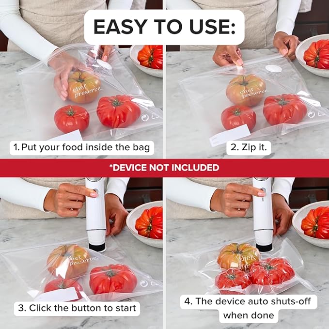 Chef Preserve Reusable Vacuum Sealer Bags for Food – 30 BPA-Free Small (8 x 10 in) Food Storage Bags, Freezer, Microwave – Odor-Resistant, Leak-Proof – Compatible with Chef Preserve Vacuum Sealers