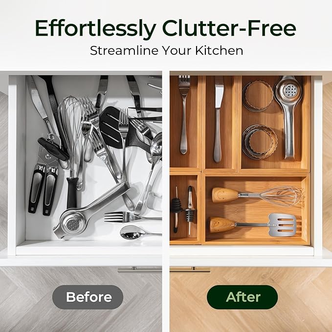 6-Piece Bamboo Drawer Organizer Set, 2.2" Deep Multi-Use Organizers for Utensils, Silverware, Cutlery, Desk, Bathroom, Junk Drawer & Makeup, Non-Slip Feet Included.