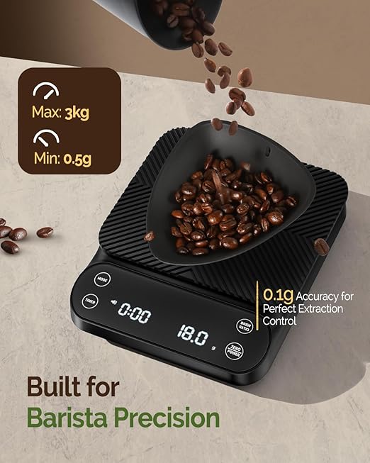 Maestri House S3 Coffee Scale with Timer, 3kg/0.1g Rechargeable Digital Scale, 3 Brew Modes, Adjustable Ratios & Flow Rate Display, Barista-Grade for Pour-Over, Espresso, French Press – Black