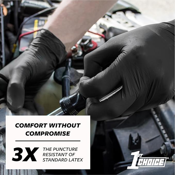 1st Choice Black Nitrile Gloves, Disposable, Latex-Free, 6 Mil, Textured, Industrial, for Mechanics, Cleaning, Automotive Use