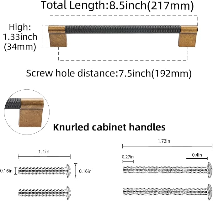 10 Pack 7-1/2 inch(192mm) Black and Antique Brass Kitchen Cabinet Handles Knurled Cabinet Pulls Black Drawer Pulls