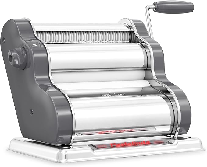 PASTALINDAClassic 200 Pasta Maker Machine, 20 cm Wide Rollers, 9 Thickness Positions, 2 Cutting Positions, Stainless Steel. Includes Reinforced Hand Crank And Two Clamps (Gray)