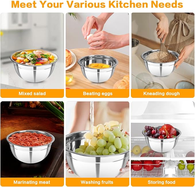 7 Piece Stainless Steel Mixing Bowls with Lids Set, Metal Mixing Bowls Nesting Design Salad Bowl for Kitchen Cooking, Baking, Prepping and Serving Food (Size 0.7, 1.1, 1.5, 2.1, 3.5, 4, 4.5QT)