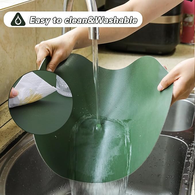 Faux Leather Placemats Set of 6 Oval Reversible Placemat Waterproof Green and Grey PU Table Mats Heat Resistant Anti Slip Wipeable Place Mat for Indoor and Outdoor Dining Table