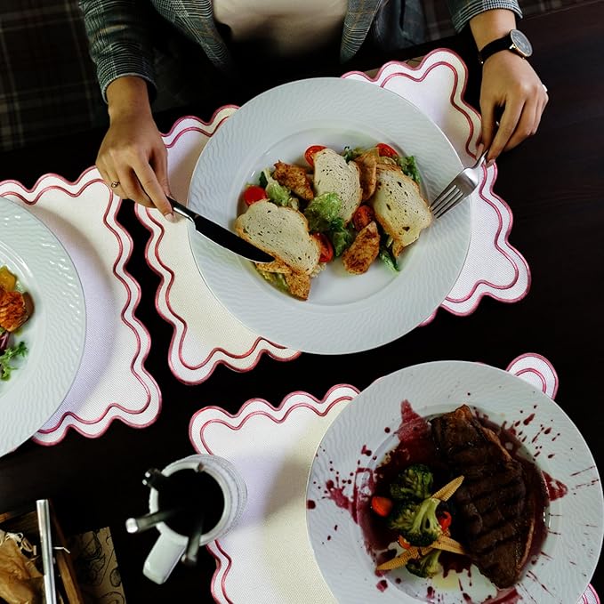 12 Set Linen Placemat 13x19 Wavy Embroidery Scalloped Placemat Double Layered Washable Farmhouse Dinner Table Mat Fabric Napkin for Christmas Hotel Restaurant Wedding Party(Pink)