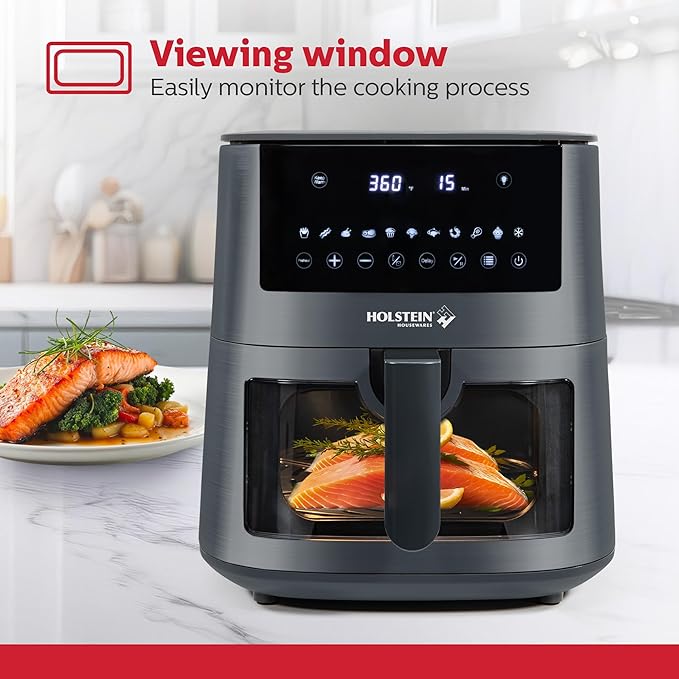 Holstein Housewares 7.6QT Digital Air Fryer with viewing window and led display with 7 preset options. Fry, bake, grill, dehydrate, and roast healthier recipes. Dishwasher Safe