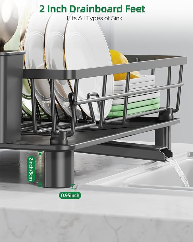 Dish Drying Rack for Kitchen Counter, Stainless Steel Drainer Anti Rust, Smart Drainage System Drainboard with Detachable Cutlery Holder, Handwash Dish Helper for Home, Apartment Space Saving