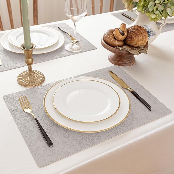 Romanstile Vinyl Placemats Set of 4-12 X 18 Inch - Heat Resistant Non-Slip Embossed Floral Place Mats 100% Waterproof Oilproof Wipeable Faux Leather Table Mats for Kitchen/Dining/Party, LightGrey