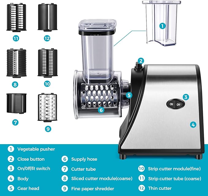 Electric Cheese Grater, 250W Electric Slicer Shredder, One-Touch Control Electric Salad Machine for Cheese, Fruits, Vegetables, Salad Maker with 5 Different Shapes of Blades, 2025 Upgrade
