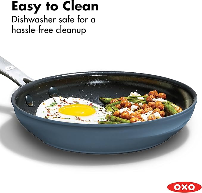 OXO Enhanced 8” Nonstick Frying Pan Skillet, Ceramic PFAS-Free Cookware, Stainless Steel Handle, Eggs & Omelets, Dishwasher & Oven Safe, Storm Blue